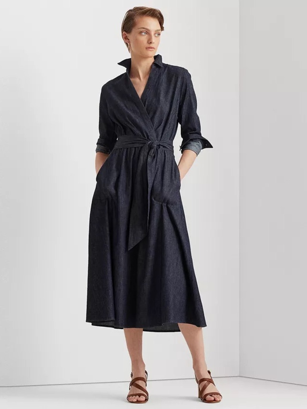 Ralph Lauren Dark Navy Faux Wrap Midi Shirt Dress with Tie Waist - US 16